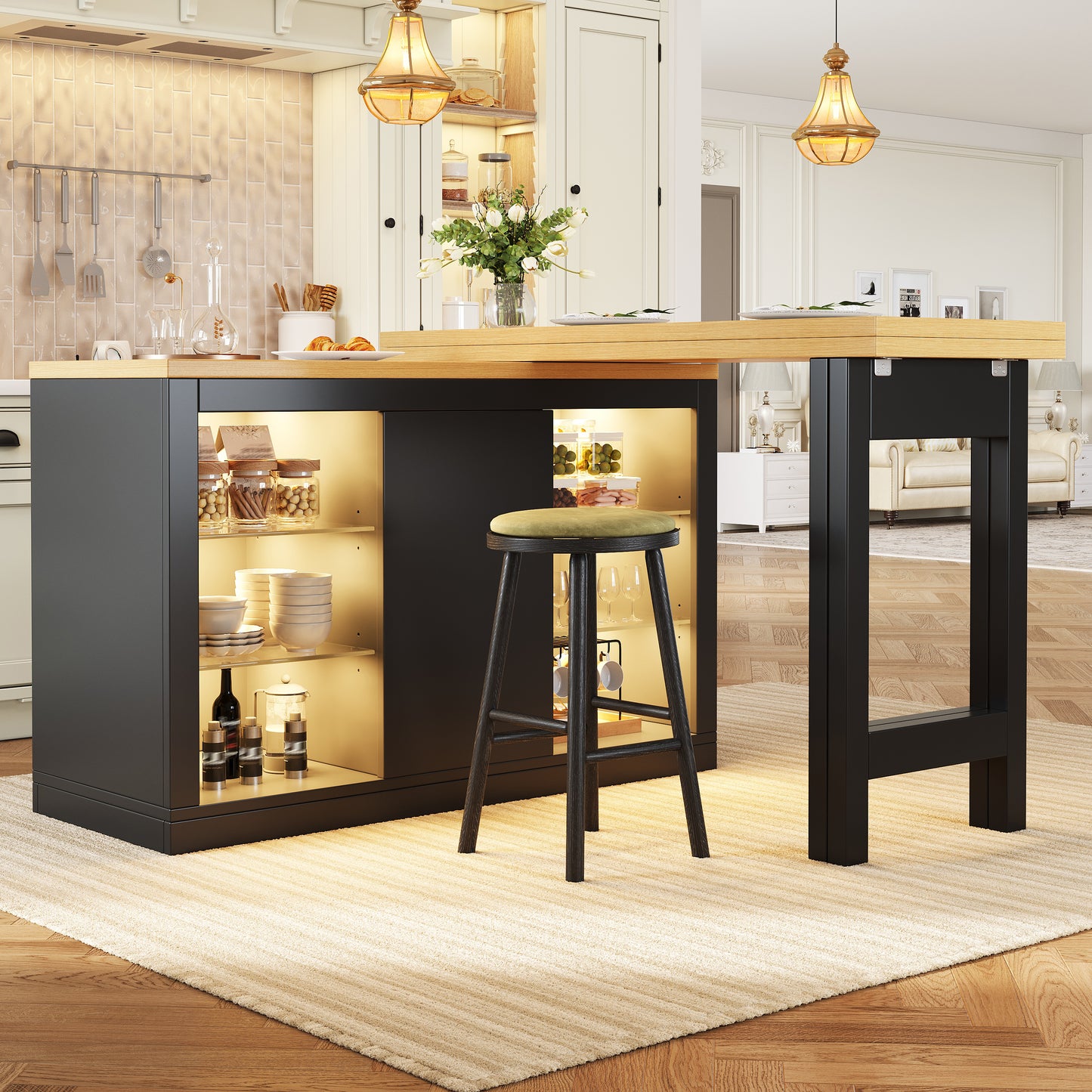 Extendable Sideboard With LED Lights, 120-197 Cm Adjustable Dining Table With Storage, Kitchen Cabinet With Glass Shelves & Snack Rack, White Black