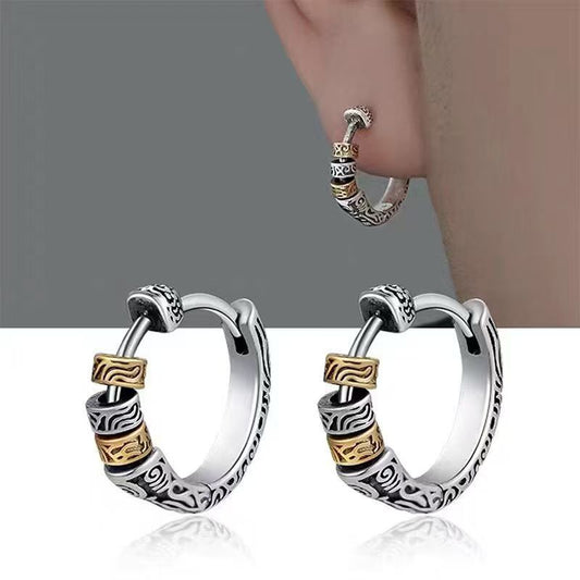 Two-Tone Vintage Arabesque Men's Earrings, Trendy Chinese Style S925 Silver Needle Personalized Studs, Unisex Elegant Huggie Buckle Ear Accessories