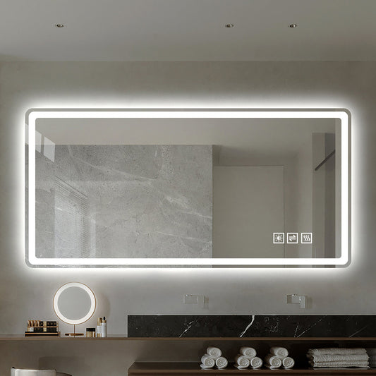 60x100cm Frameless LED Bathroom Mirror With Frosted Front Lighting, Anti-fog, 3 Light Colors, Infinitely Dimmable, Memory Function, Horizontally & Vertically Mountable, IP44 Waterproof