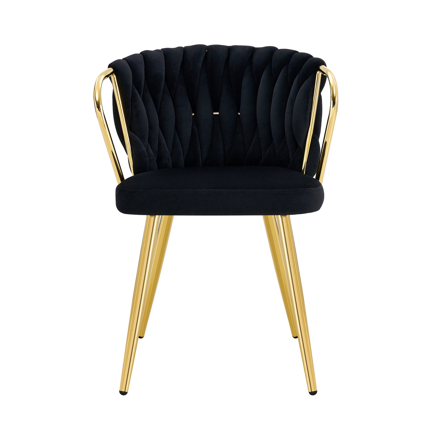 Dining Chair With Velvet Cover, Modern Upholstered Chair With Woven Backrest & Golden Metal Legs, Ergonomic Armchair For Dining Room, Living Room & Kitchen, Black And Gold