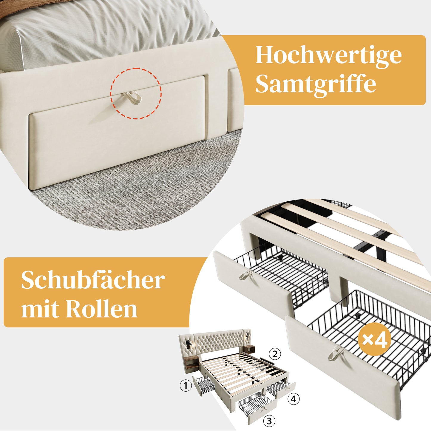 AB30261123B Bed System Bedroom Complete Set, Upholstered Bed Double Bed 180X200 Cm With 2 Bedside Tables And 4 Drawers, Headboard Reading Light With USB Charging Function, Beige, Velvet  Without Mat