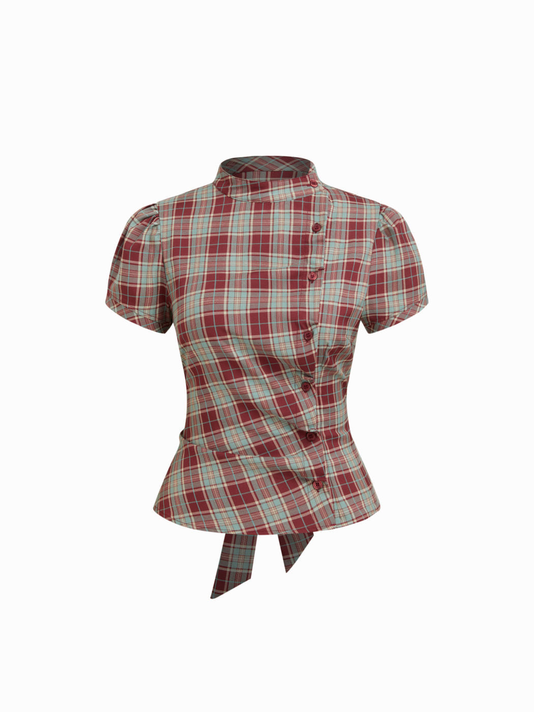 Korean-style Retro Color-block Plaid Stand-collar Short-sleeve Shirt