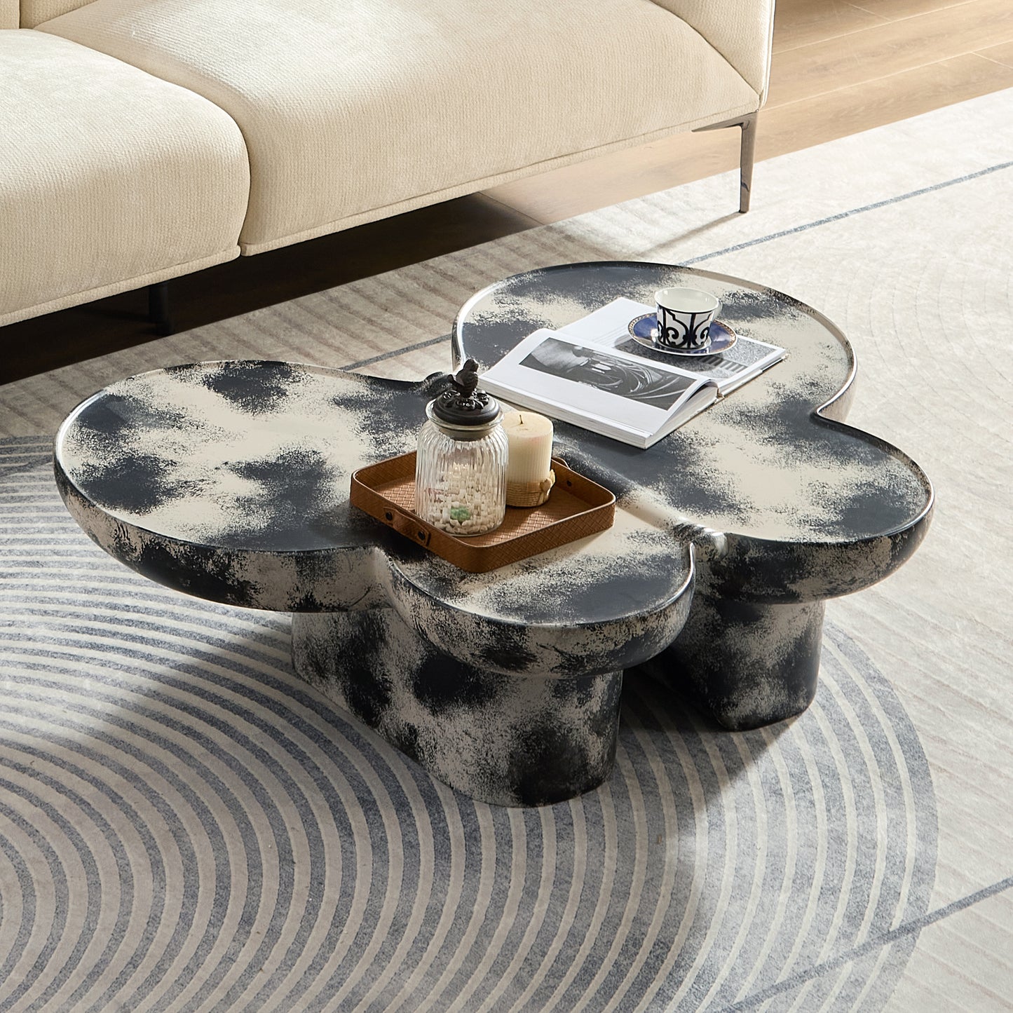 Butterfly Design Style, Coffee Table, Imitation Natural Limestone Material, Suitable For Living Room Office, Fiberglass, Black And Beige Combination.