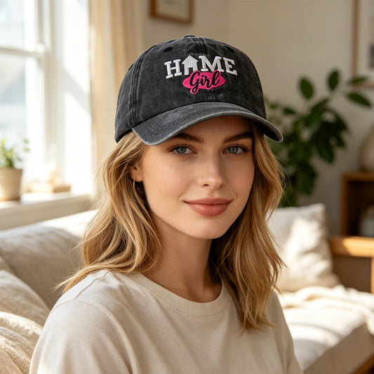 Vintage Washed Black Baseball Cap For Women, HOME Girl Embroidered Distressed Hat, Adjustable Soft Cotton Casual Trucker Hat