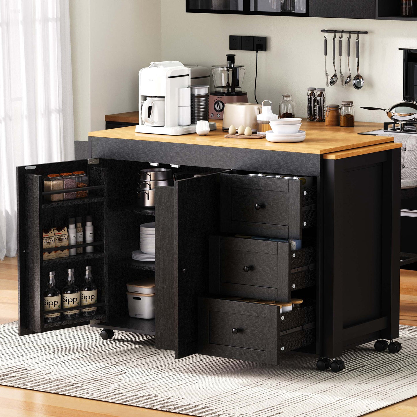 K&K 74.8   Kitchen Island With Extendable Dining Table, Kitchen Storage Cart With 3 Drawers, Power Outlet, Rolling Kitchen Island On Wheels With Spice Rack And 2 Door Cabinet, For Kitchen, Black