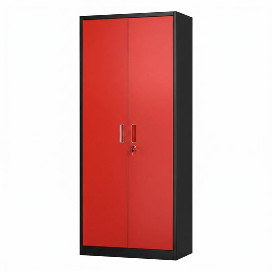 Metal Garage Storage Cabinet, Lockable Steel Storage Cabinet With 4 Adjustable Shelves For Garage, Office, Home, Assembly Required, Black & Red