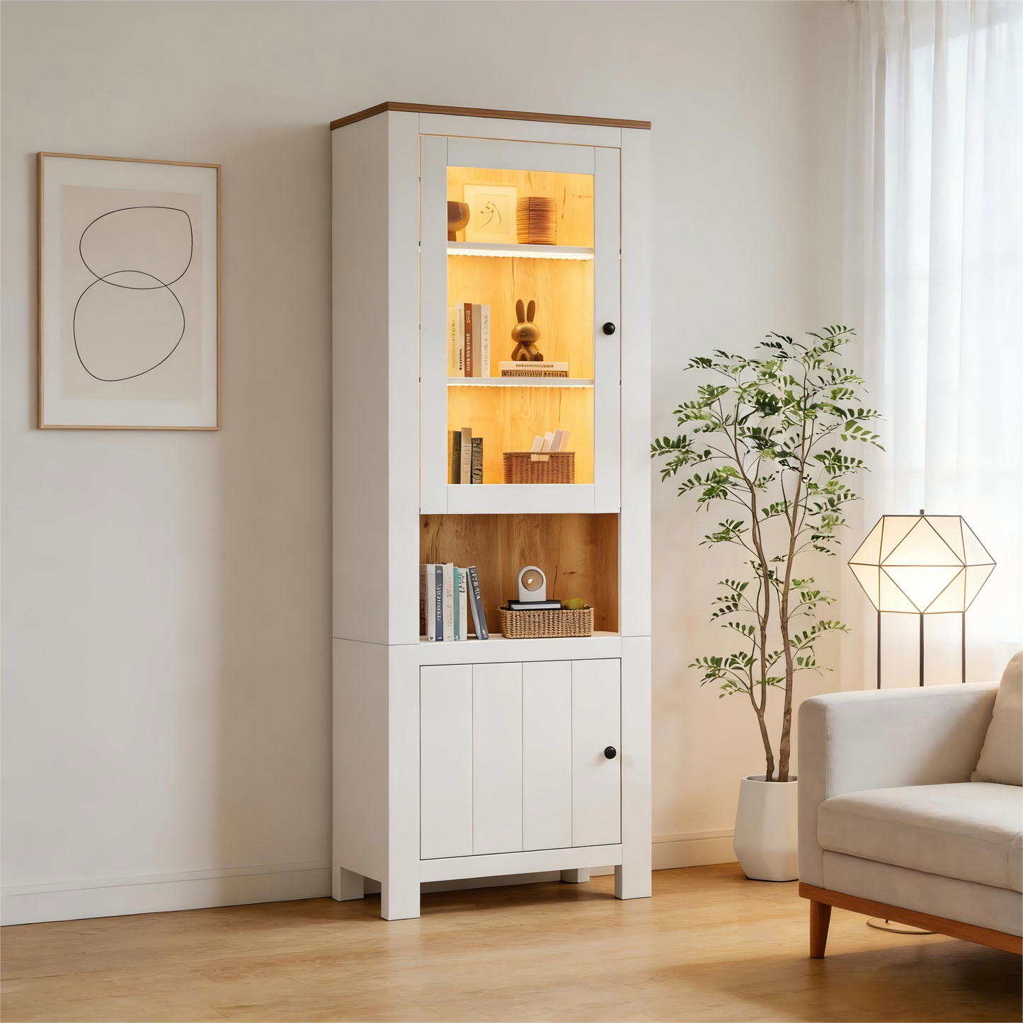 70 X 40 X 188 Cm Tall Cabinet, Freestanding Display Cabinet With 2 Cabinet Doors, Six Shelves, A Back Panel In Natural Wood Look, Adjustable Shelves, Glass Display Case With LED Lighting, White  Natu