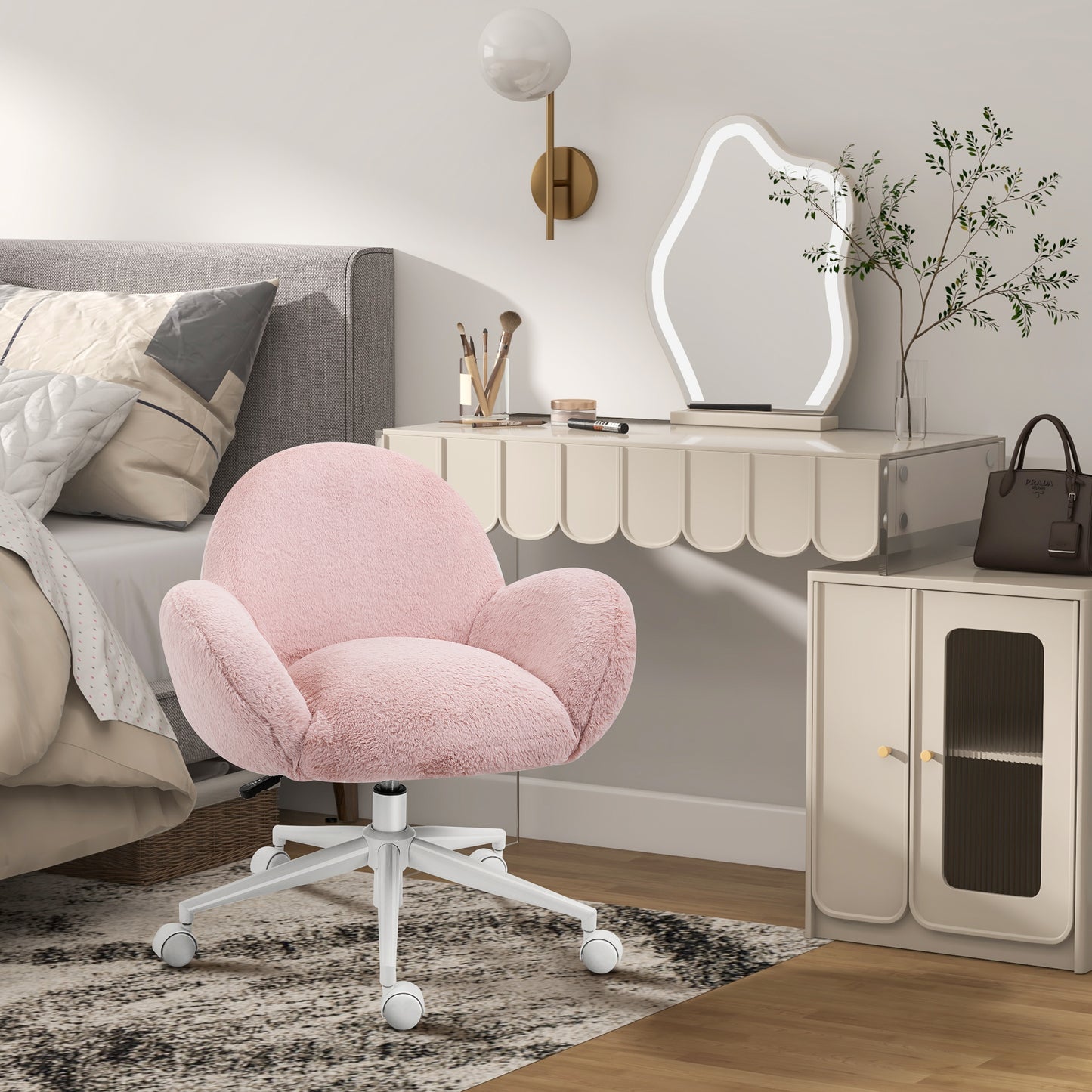 Makeup Vanity Chair, Cute Fluffy Desk Chair With Rolling Wheels For Bedroom Living Room, Pink
