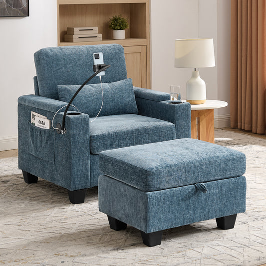 Single Sofa Recliner With Manually Adjustable Backrest, USB Charging Port On The Armrest Side, Phone Stand Included, Hidden Armrest Storage, And A Matching Storage Ottoman-Blue