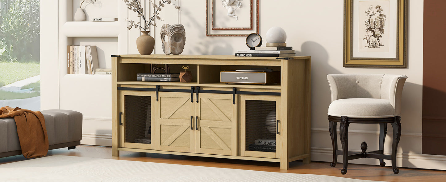 U-STYLE 59.3 Sideboard With Sliding Barn Door And Mesh Panels Farmhouse Buffet With Open Storage Suitable For Living Room  Hallway  Balcony Kitchen  Office