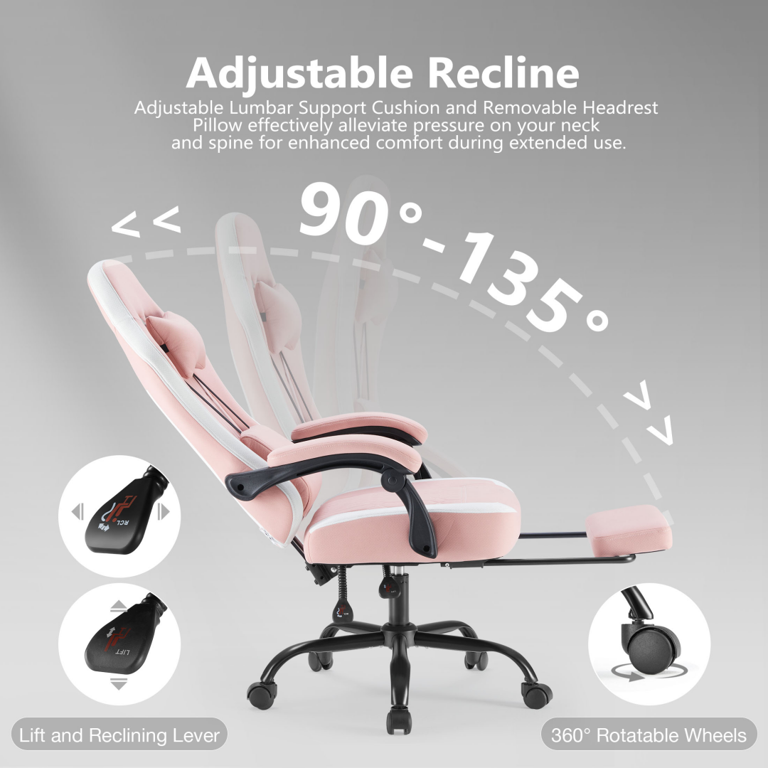 Computer Game Chair - Lumbar Support, Adjustable Height With Armrests And Headrests, 360 Rotating Wheels