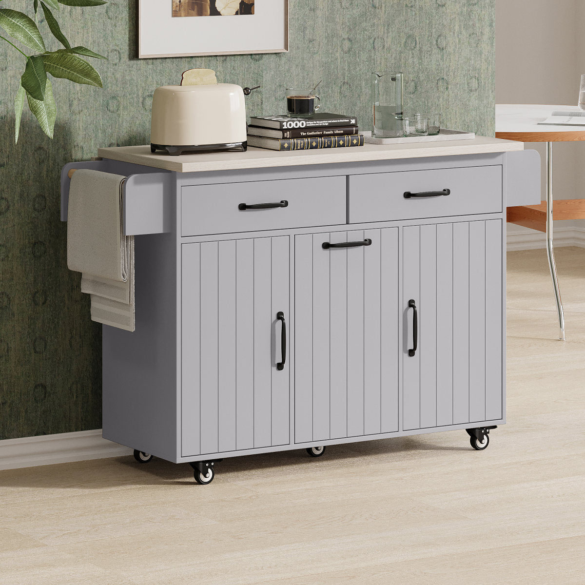 K&K Kitchen Island With Trash Can Storage Cabinet, Kitchen Cart With Drop Leaf, Spice Rack, Towel Rack And Drawer, Rolling Kitchen Island On Wheels With Adjustable Shelf, Grey