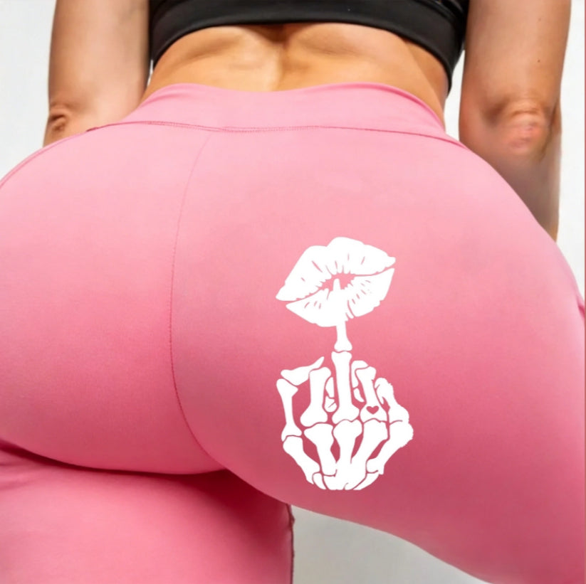 Yoga Pants With Skeleton Finger & Kiss Graphic For Active Women