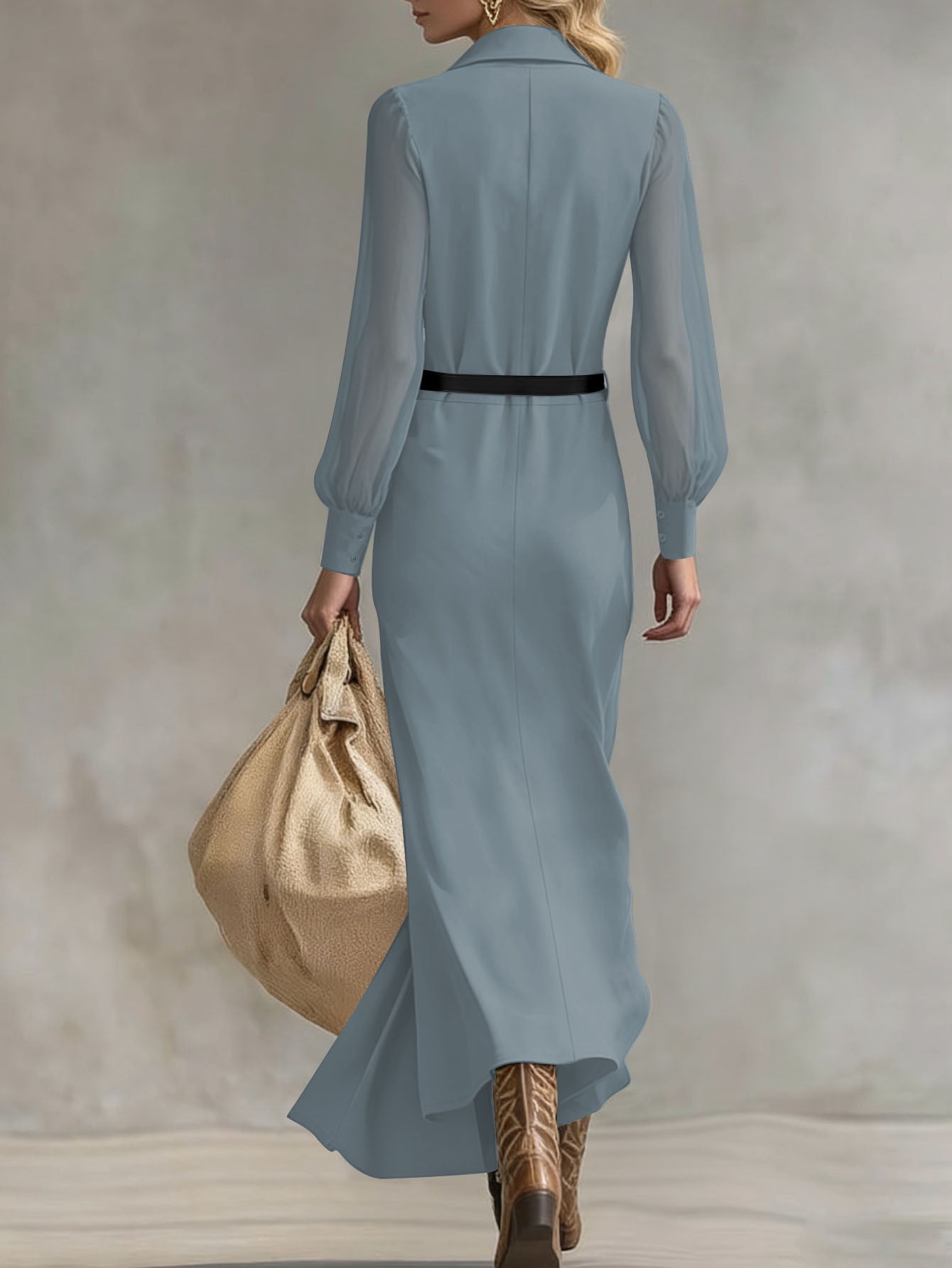 Women's Collared Neck Sheer Puff Sleeve Button Front Belted Maxi Shirt Dress Elegant Office Wear Maxi Dress