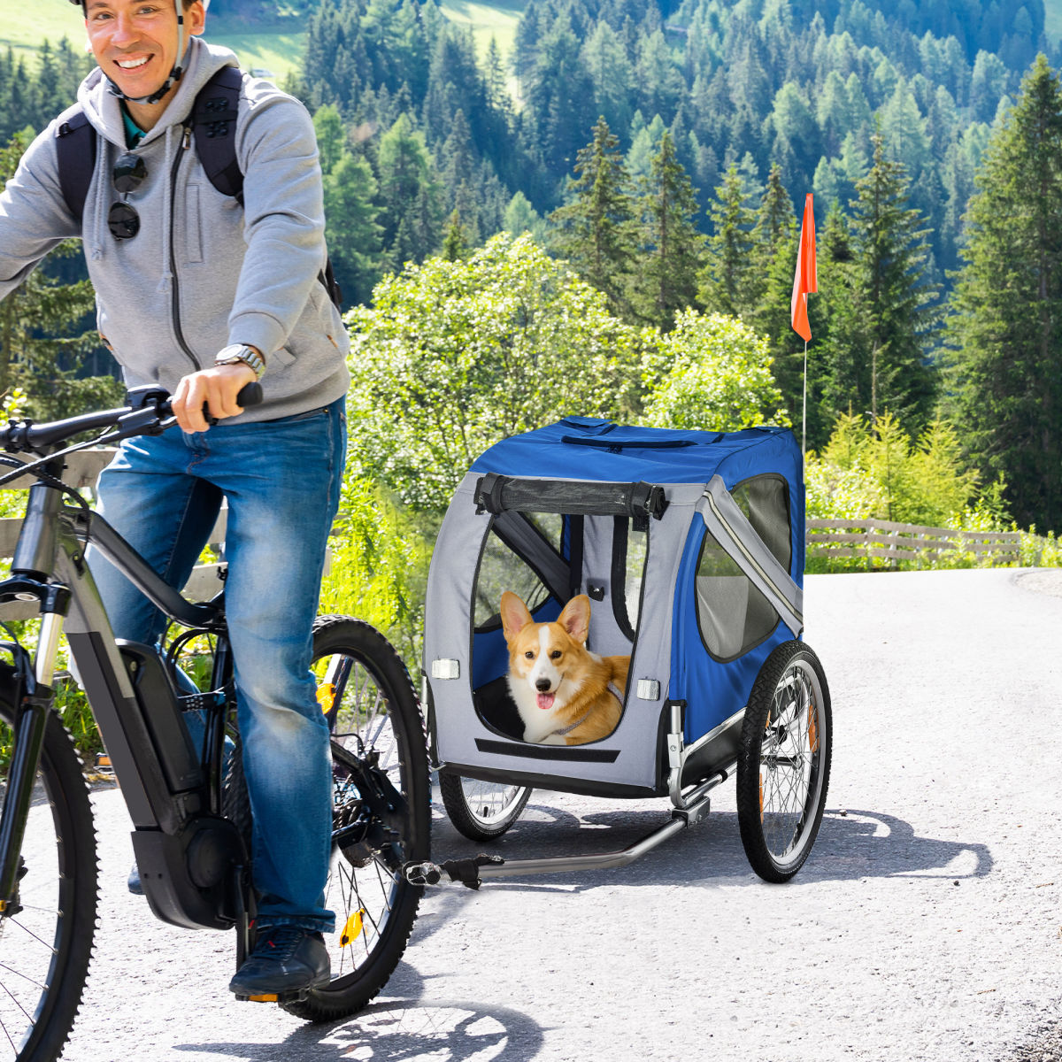 Dog Bike Trailer, Pet Wagon Bicycle Trailer With Easy Folding Cart Frame, 20" Large Rubber Wheels, 3 Entrances, Mesh Screen, Pet Bike Trailer For Off-Road & Travel, Blue And White