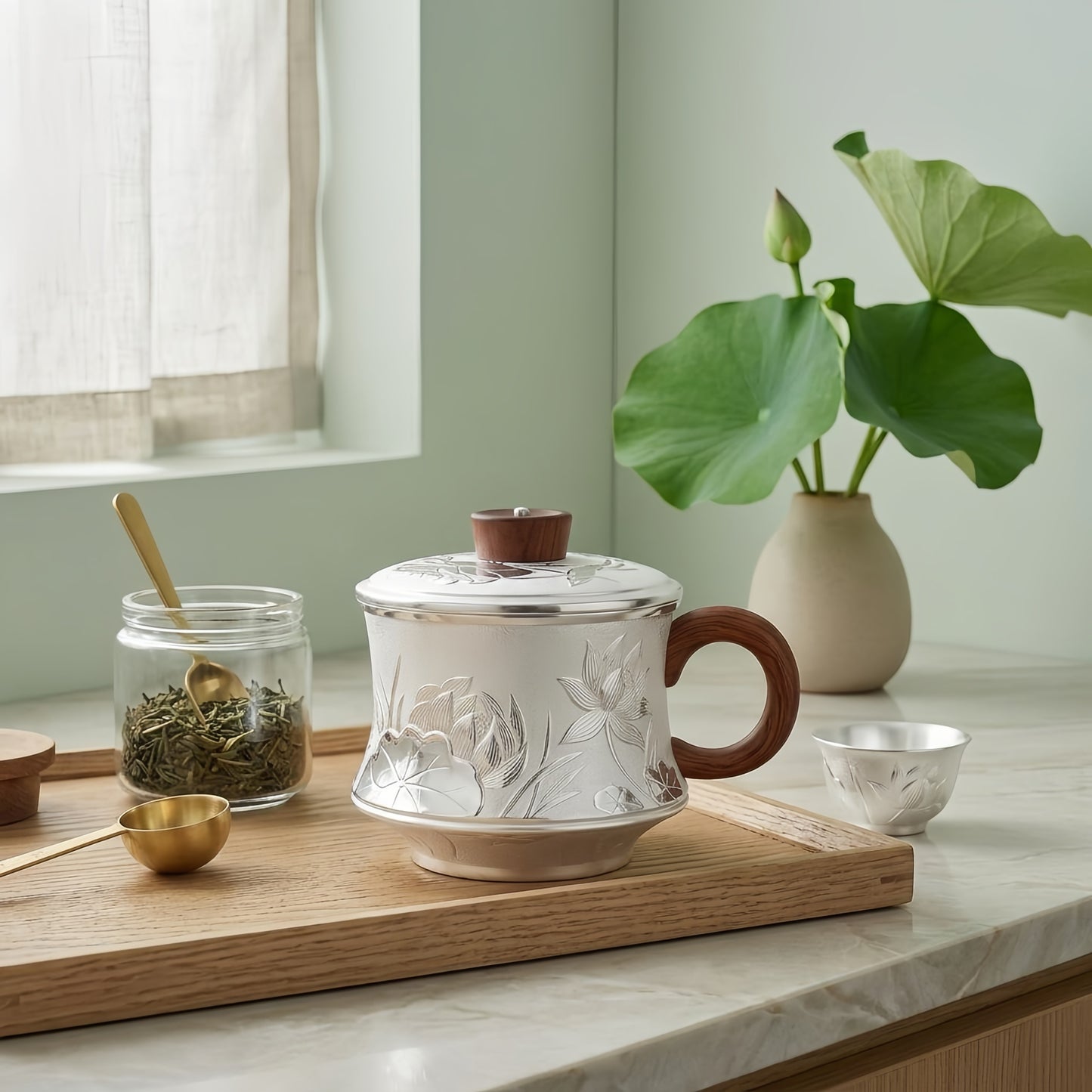 925 Sterling Silver Elegant Silver Lotus Relief Tea Mug with Wooden Handle and Lid - Handicraft