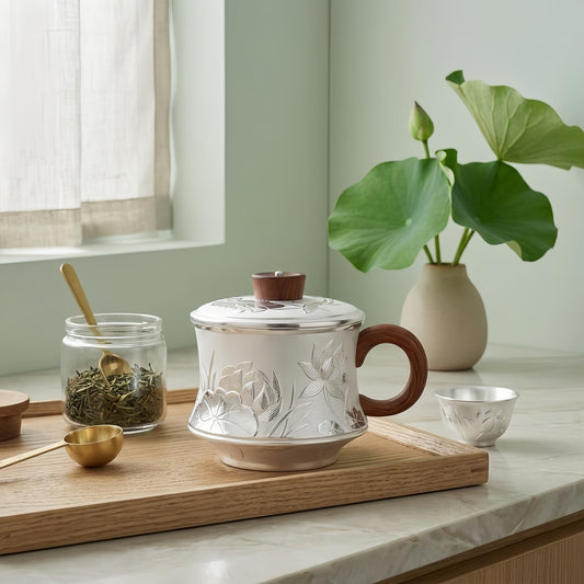 925 Sterling Silver Elegant Silver Lotus Relief Tea Mug with Wooden Handle and Lid - Handicraft