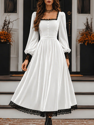 Square Neck Lace Spliced Velvet Dress For Women, New Autumn Winter Evening Gown