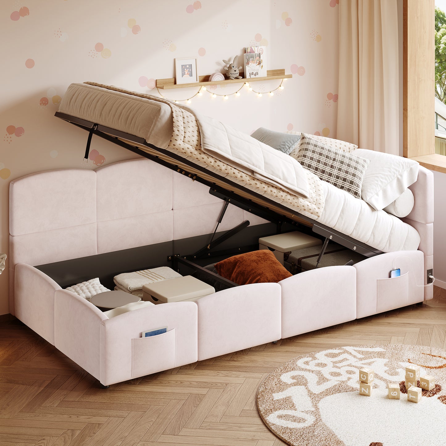 Upholstered Sofa Bed 90 X 190 Cm, 3-ft Single Daybed, Children's Bed, Single Sofa Bed With Slatted Frame, Hydraulic Storage, USB Charging, Velvet, Pink Without Mattress