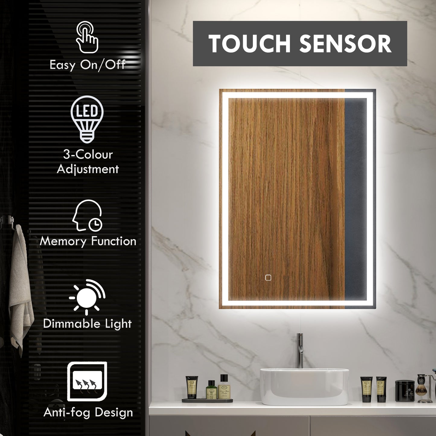 70 X 50cm LED Bathroom Mirror With Lights, Dimmable Makeup Mirror, Vanity Mirror With 3 Colour, Smart Touch, Anti-Fog