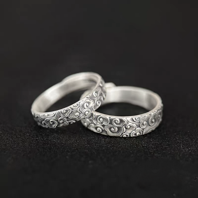 1 Pair 999.9 Sterling Silver Vintage Cloud Open Couple Rings, Retro Chinese Style, Perfect For Daily Wear & Valentine's Day Gift
