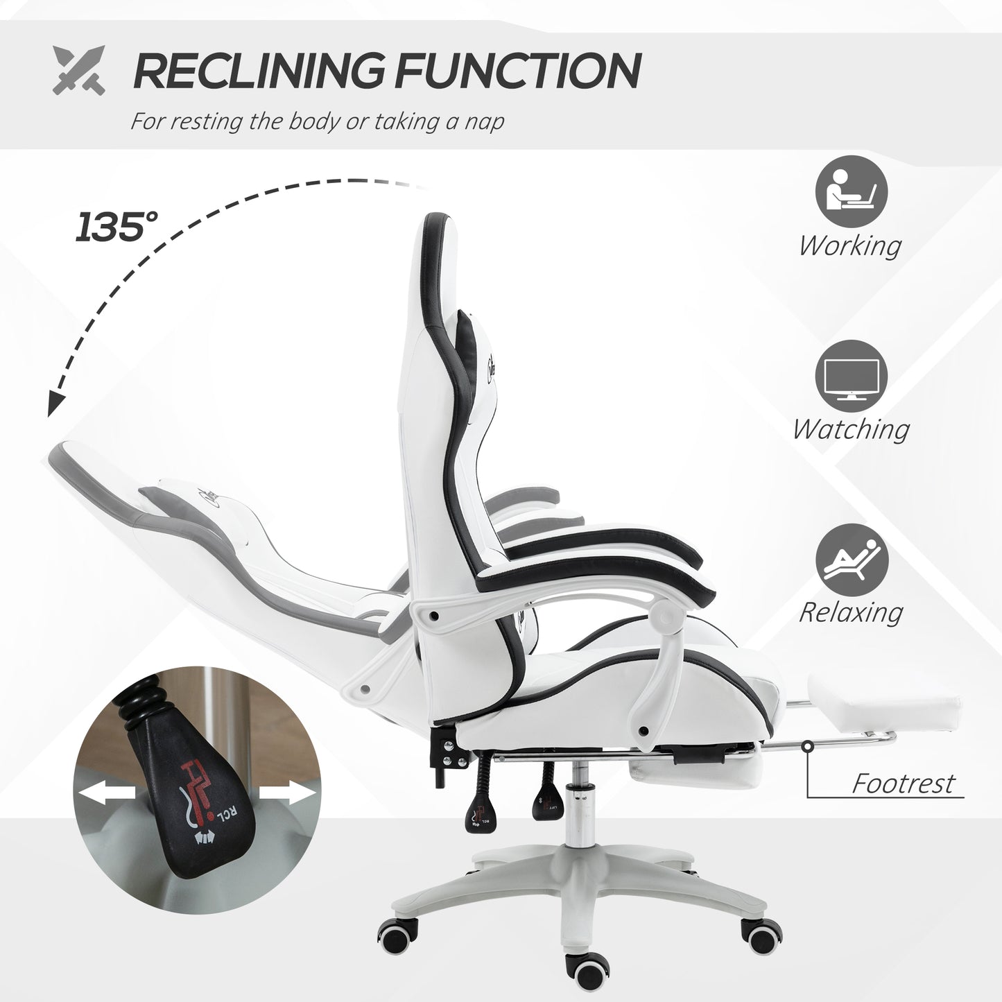 Vinsetto Computer Gaming Chair, PU Leather Office Desk Chair With Footrest, Swivel Wheels, 135° Reclining Back, Lumbar Support, Headrest For Home, White And Black