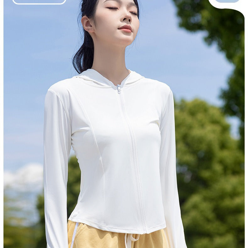 Women's Ice Silk Cool Yoga Sun Protection Clothing Slim-fit Waist Breathable Outdoor Hooded Jacket Top