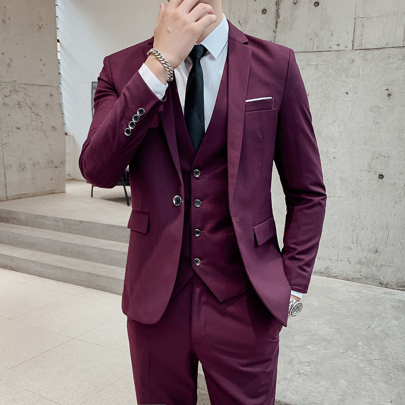 Mens Korean-style Slim-fit Business Suit Three-piece Set