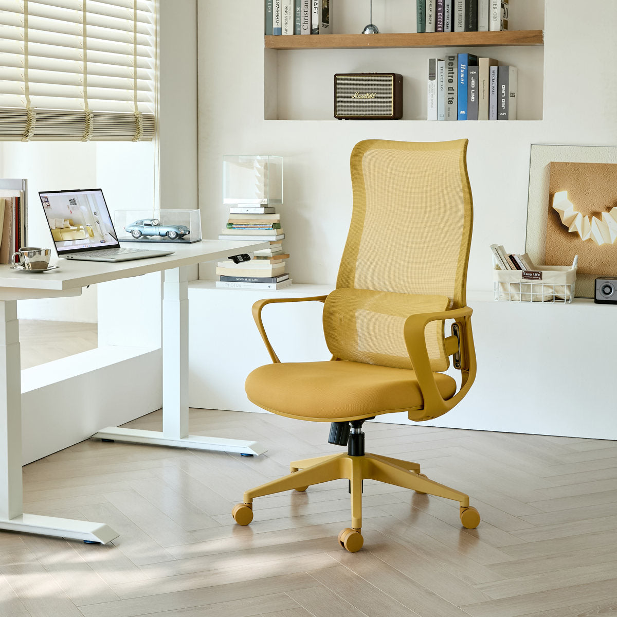 Ergonomic Colorful Office Chair 350LBS Home Office Mesh Breathable High Back, With Adjustable Lumbar Support Computer Chair, Integrated Molded Foam Seat Cushion, Fireproof (Yellow)