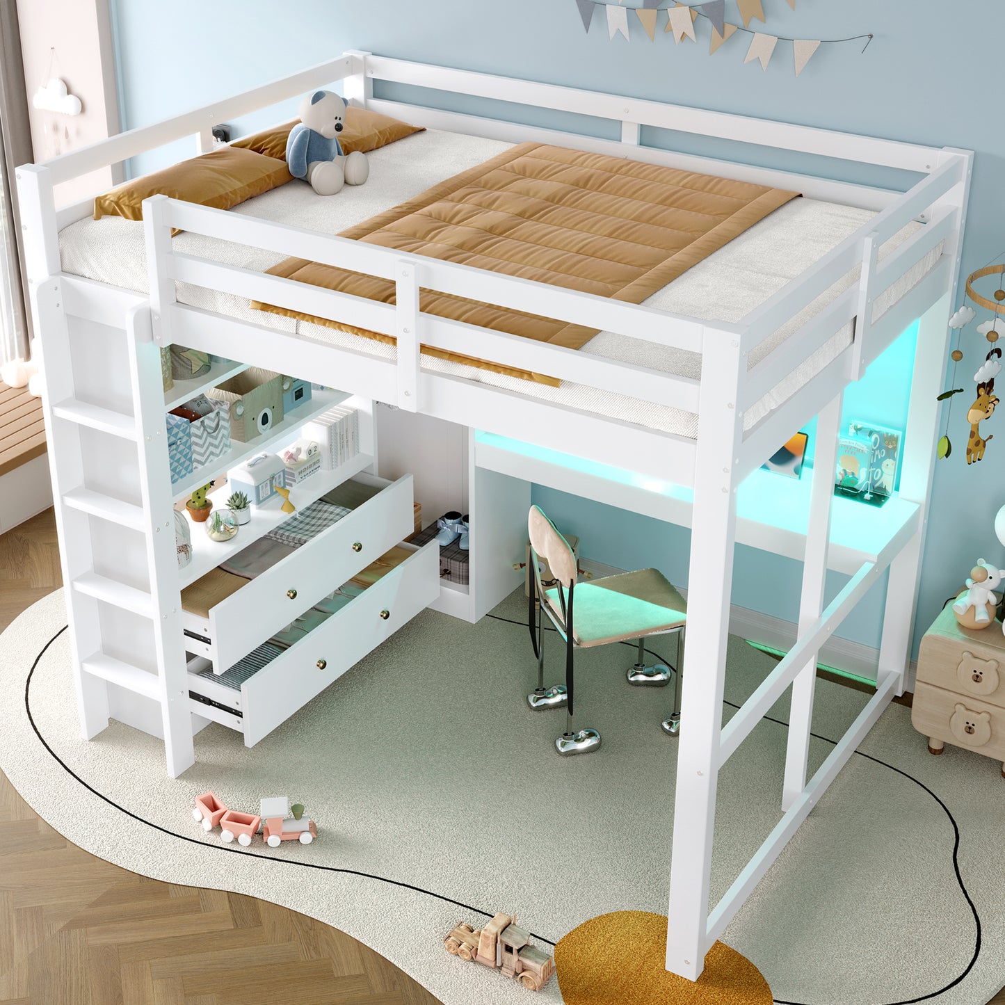 Loft Bed 140x200 With 2 Drawers And Shelves, Underbed Desk, LED Light And USB, White