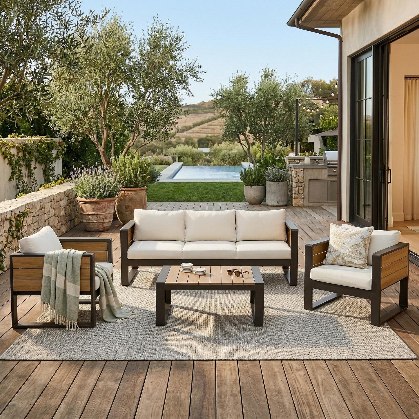 Large 4-Piece  Aluminum Frame Outdoor Patio Furniture Set For 5 Person, 3-Seater Sofa, 2 Armchairs With Fold-Out Side Tables, Modern Garden Patio Seating, All-Weather Use, Beige Cushions