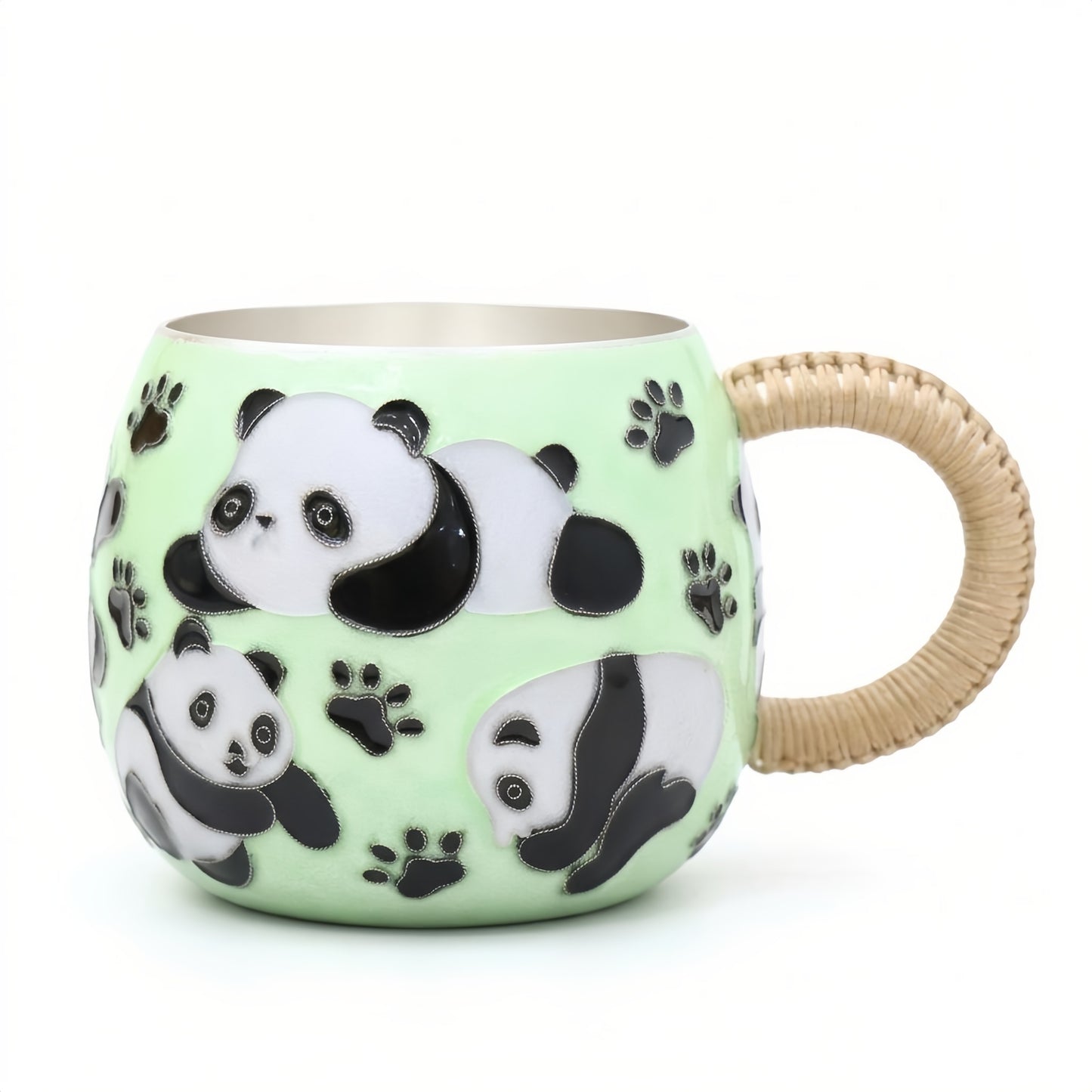 925 Sterling Silver Charming Panda Mug with Playful Design and Woven Handle-Premium Indigo Tea Mug - Handicraft