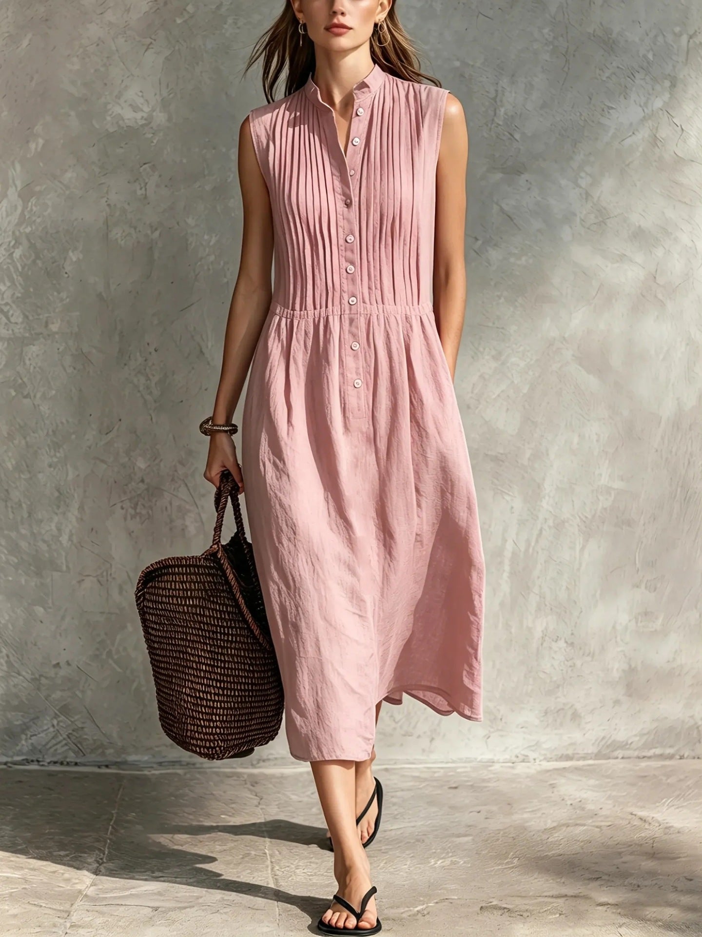Womens Fashion Simple And Elegant Sleeveless Single-breasted Dress