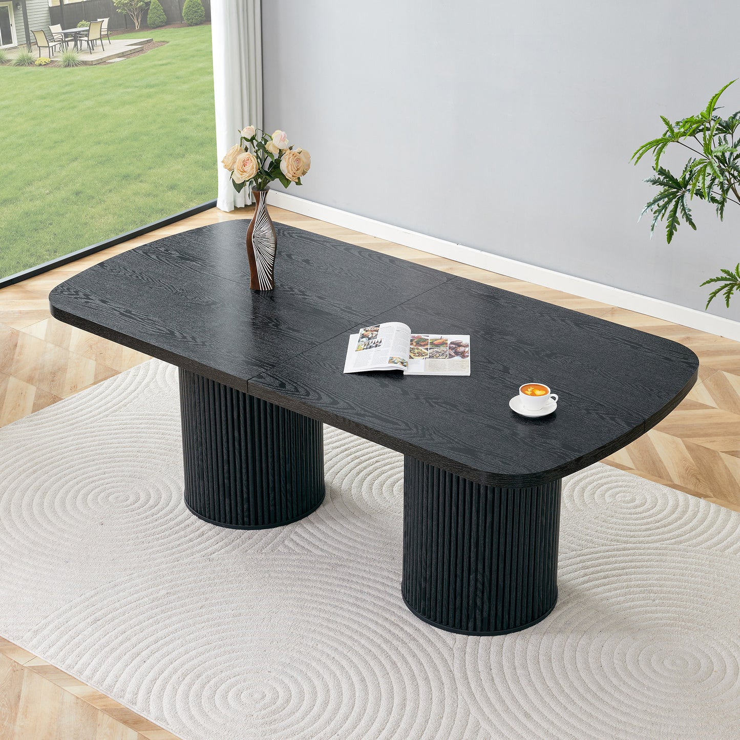 Modern Oval Dining Table With Fluted Column Base, High-quality MDF Surface In Wood Look, In Wabi-sabi And Mid-century Style For The Home Kitchen