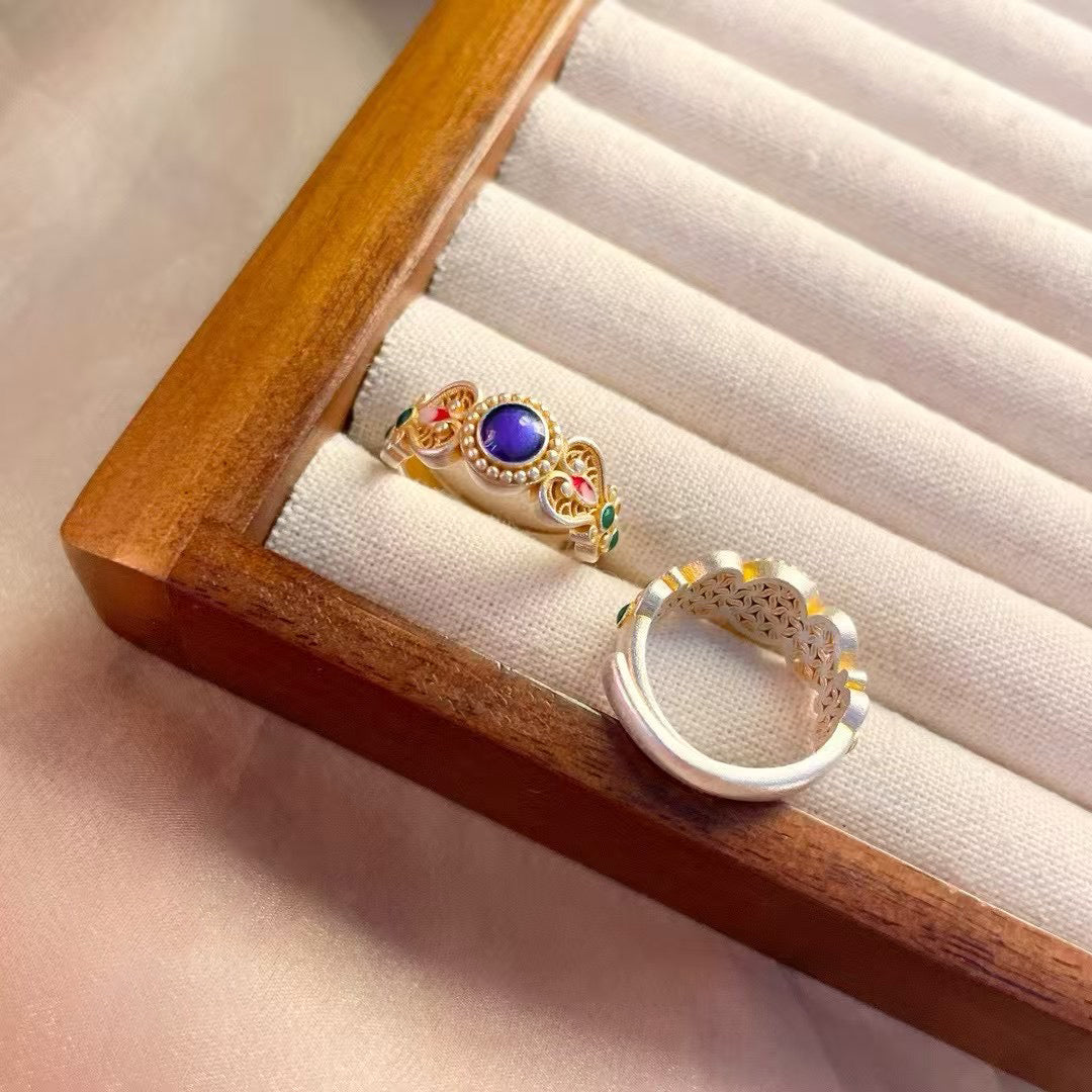 1pcs 999.9 Sterling Silver Gold-Plated Enamel Floral Ring, Luxury Retro Style, Ideal For Birthdays & Holiday Gifts