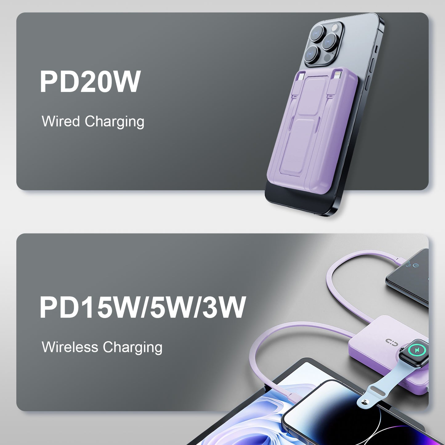 1Pc 3 In 1 10000mAh MagSafe Fast Charging Power Bank PD20W Portable Charger With 2 Built In Cables Stand Fit For IOS Phone 16 15 13 Series And More