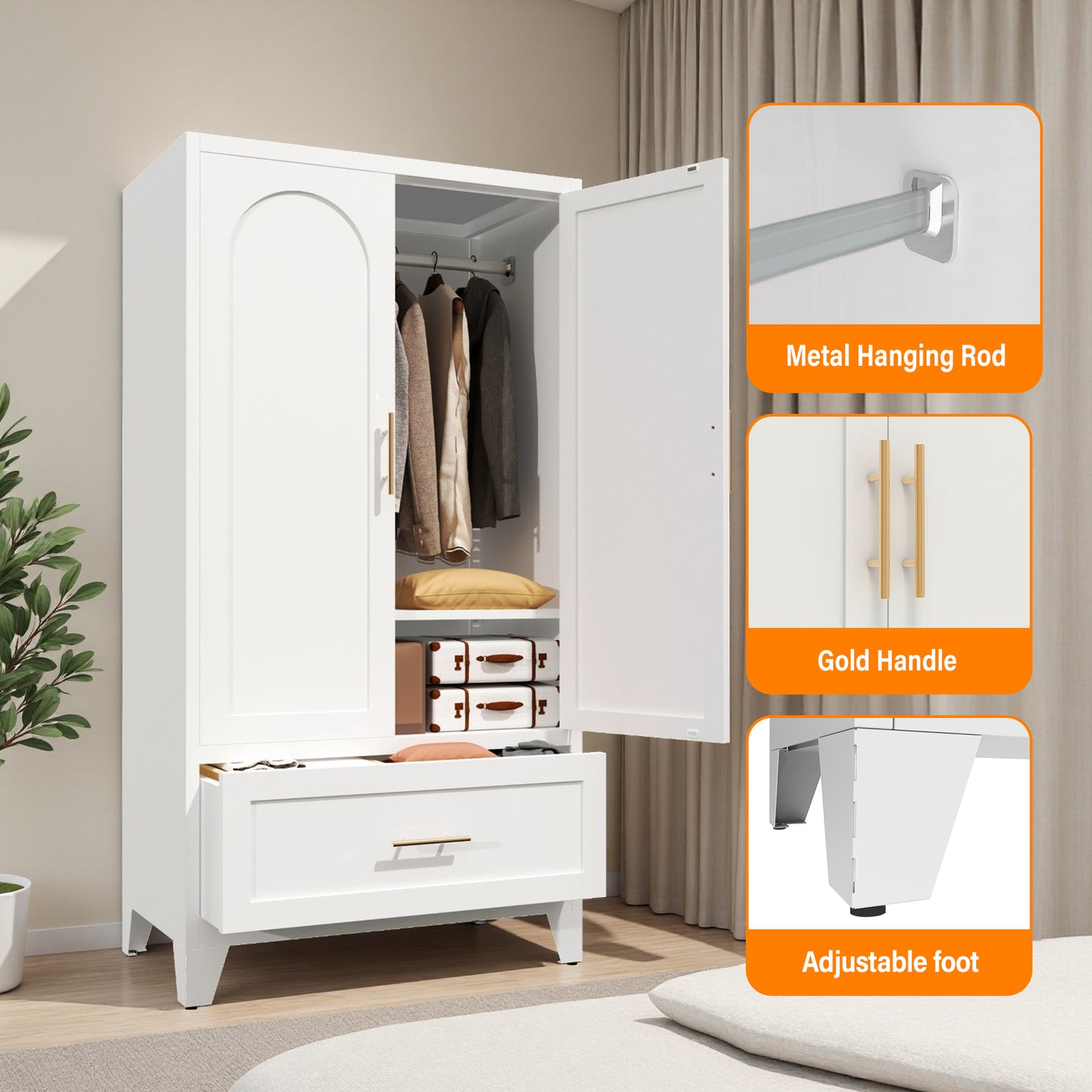 60 Tall Metal Wardrobe Cabinet With 1 Drawer And Hanging Rod, 2 Doors Wardrobe Closet With Shelf For Bedroom, Office, Laundry Room,Entryway ,Foyer,Guesthouse  White
