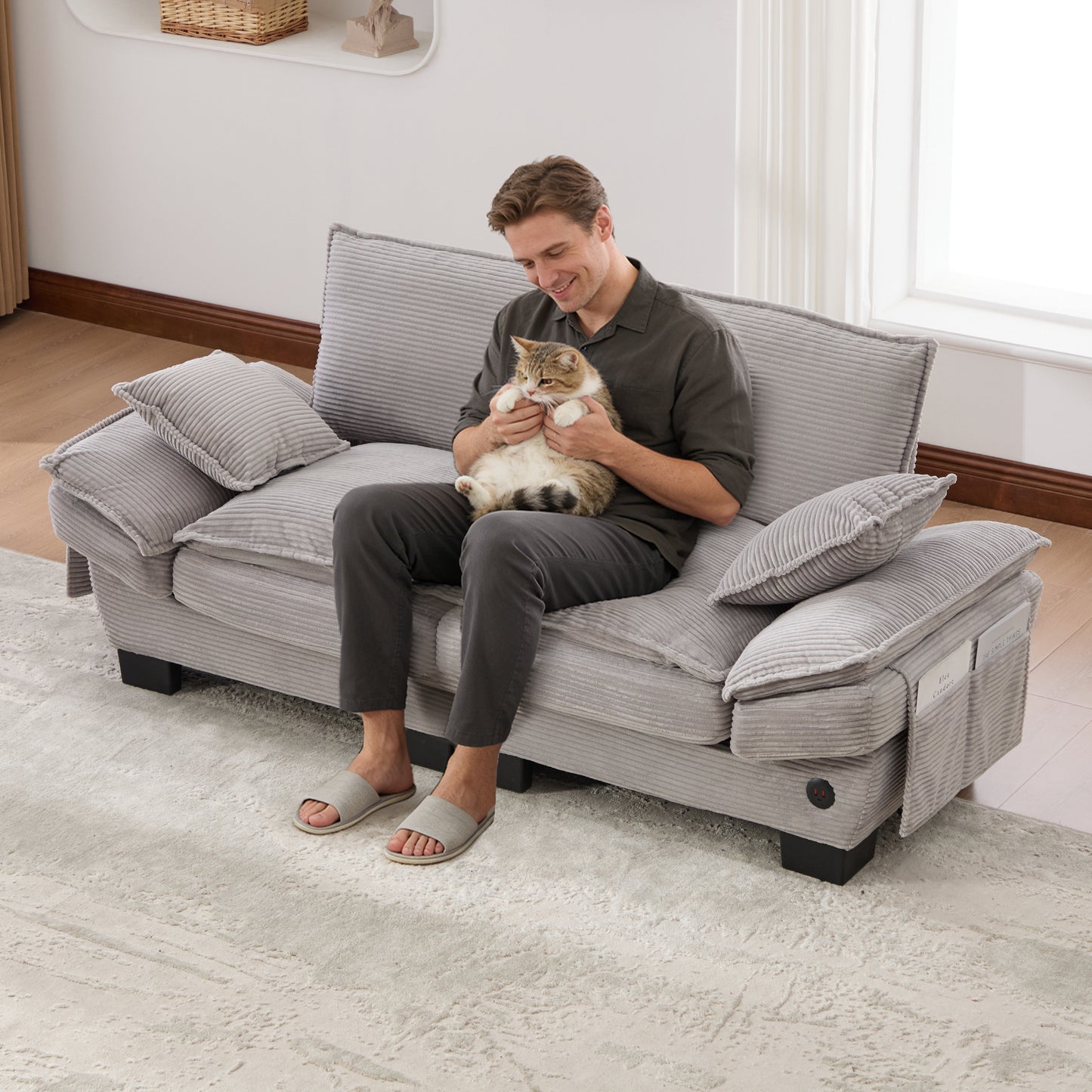 Modular Sofa With Wide Seat Surface For 2 People, Ergonomic Design, High-density Foam Cushioning, USB-C Port And Side Pockets. Ideal For Living Room, Office Or Lounge. Light Gray.