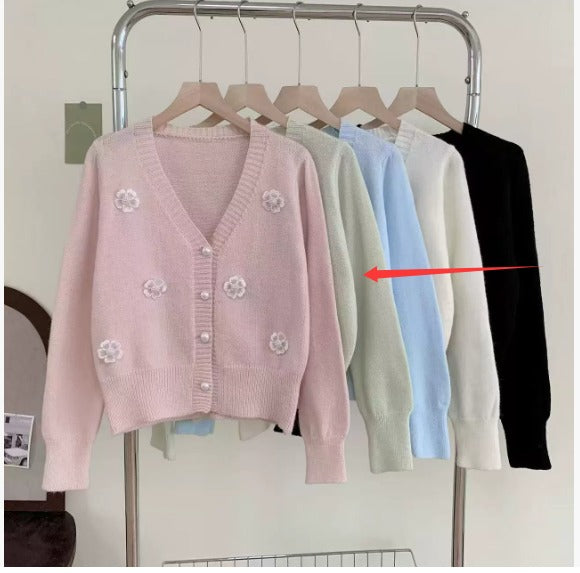Korean-style 3D Floral Beaded Knit Cardigan For Women Autumn