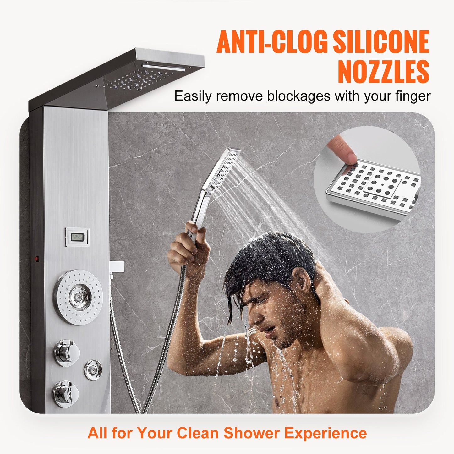 Shower Panel System, 6 Shower Modes, LED & Display Shower Panel Tower, Rainfall, Waterfall, 4 Body Massage Jets, Tub Spout, Handheld Shower Head 59" Hose, Stainless Steel Wall-Mounted Shower Set