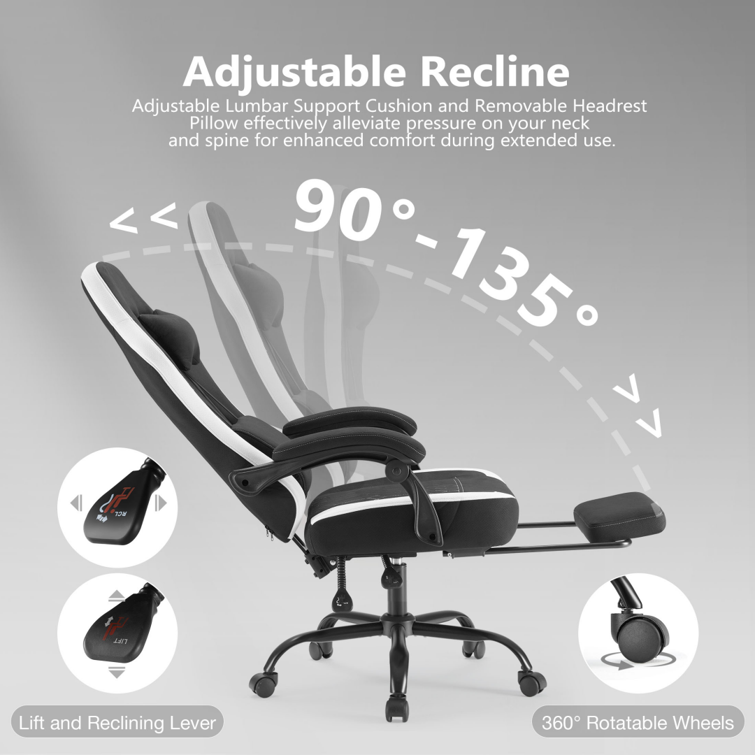 Computer Game Chair - Lumbar Support, Adjustable Height With Armrests And Headrests, 360 Rotating Wheels