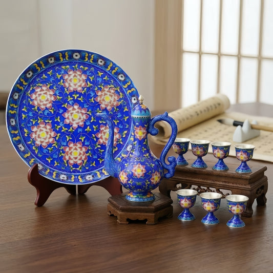 925 Sterling Silver Traditional Chinese Cloisonné Tea Set with Floral Motifs - Handicraft