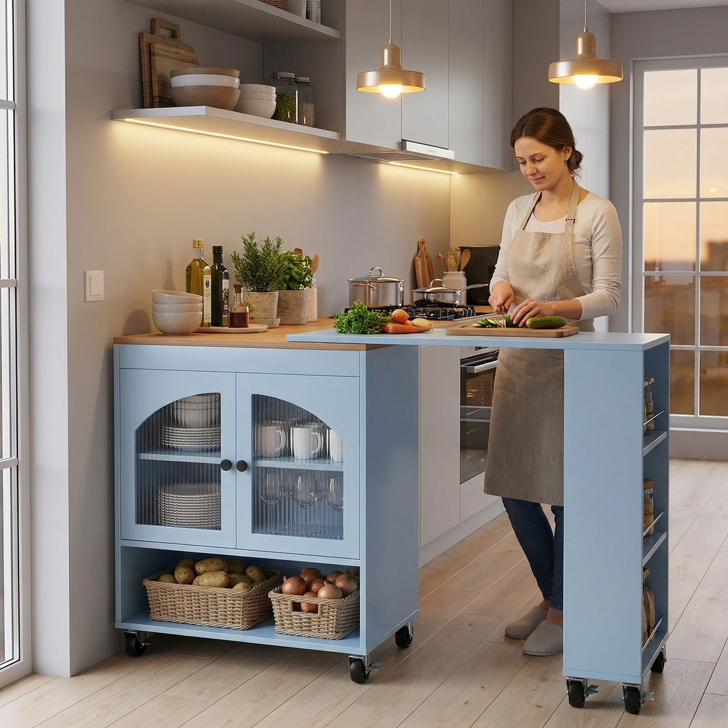 Kitchen Island On Wheels With Extended Table MDF Rolling Kitchen Storage Cart With LED Light Power Outlets 2 Fluted Glass Doors Side 3 Open Shelves Blue US Plug