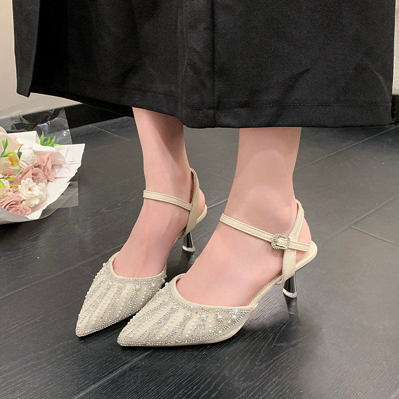 Women's French Pointed Toe Half Closed Toe Sandals, Rhinestone Medium Block Heel Slip On Pumps, Fairy Style Outdoor Shoes, New Spring & Summer Collection