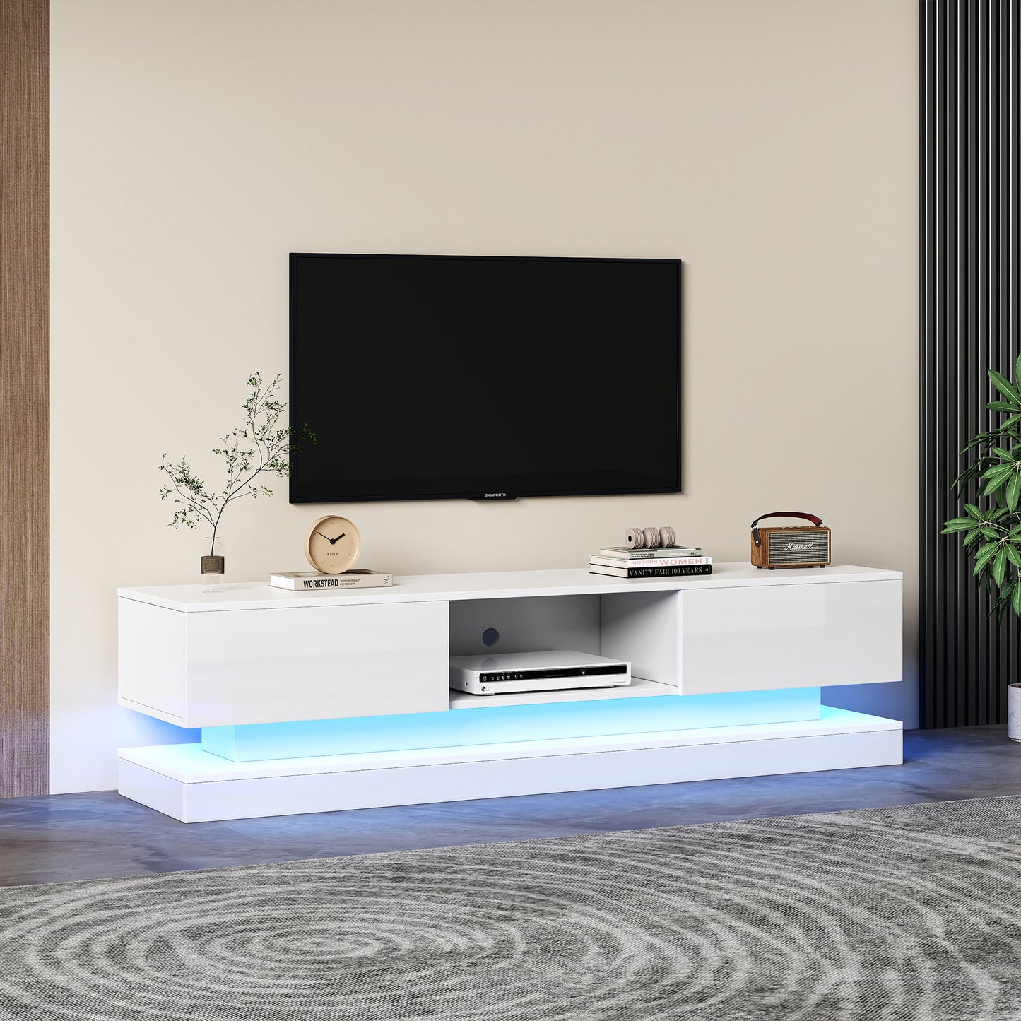 160x35x40.5cm White High Gloss TV Cabinet With LED Lighting, 2 Drawers, App Control, Anti-Tilt Design, For 60 Inch TV,tv Board,tv Lowboard
