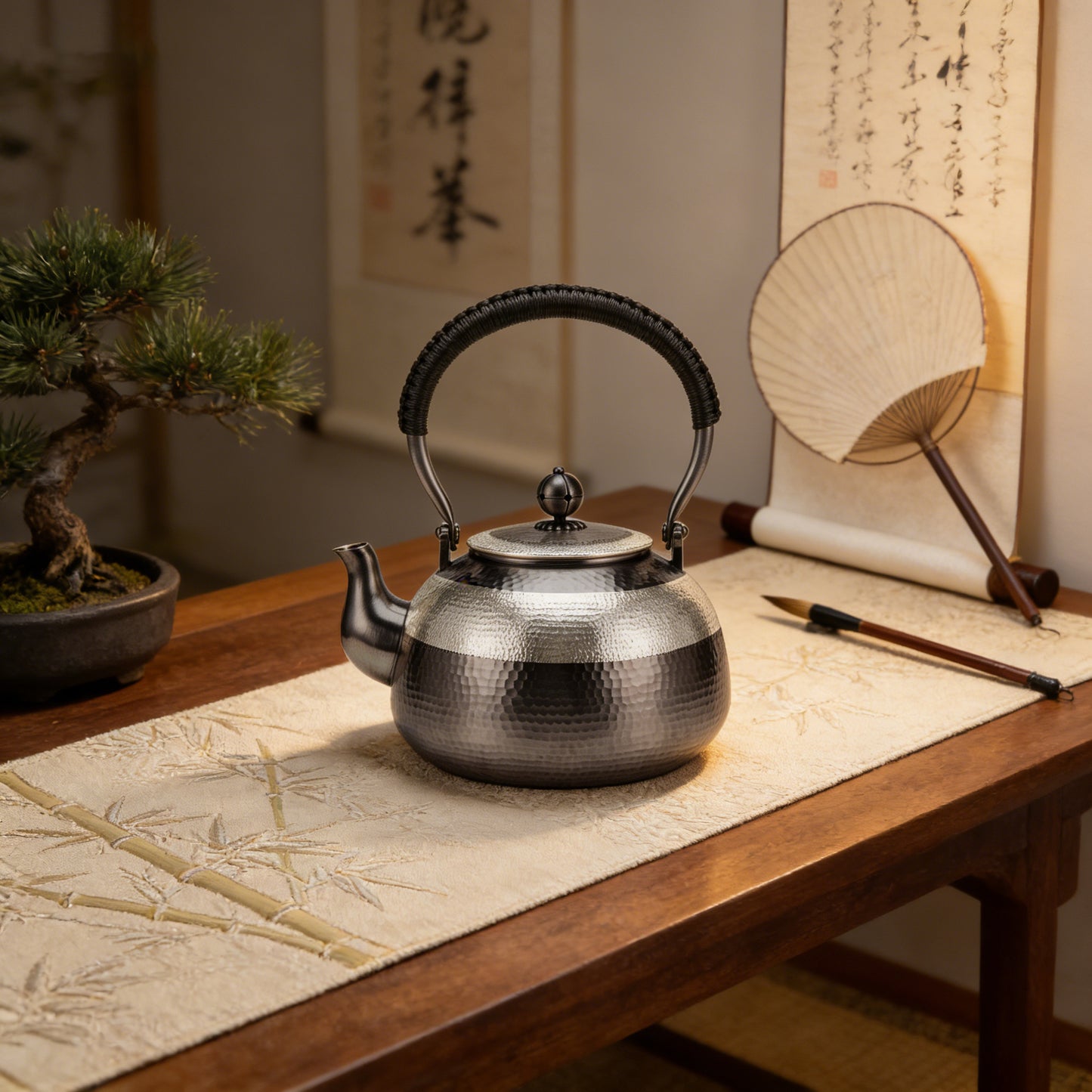 925 Sterling Silver Stainless Steel Hammered Texture Tea Kettle with Woven Handle and Curved Spout-Fine large teapot - Handicraft