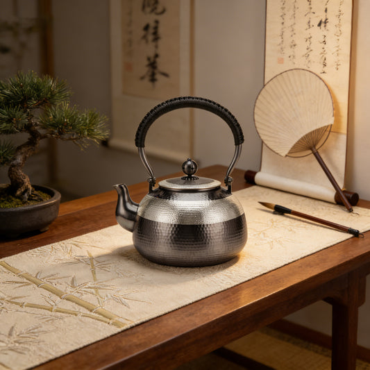 925 Sterling Silver Stainless Steel Hammered Texture Tea Kettle with Woven Handle and Curved Spout-Fine large teapot - Handicraft