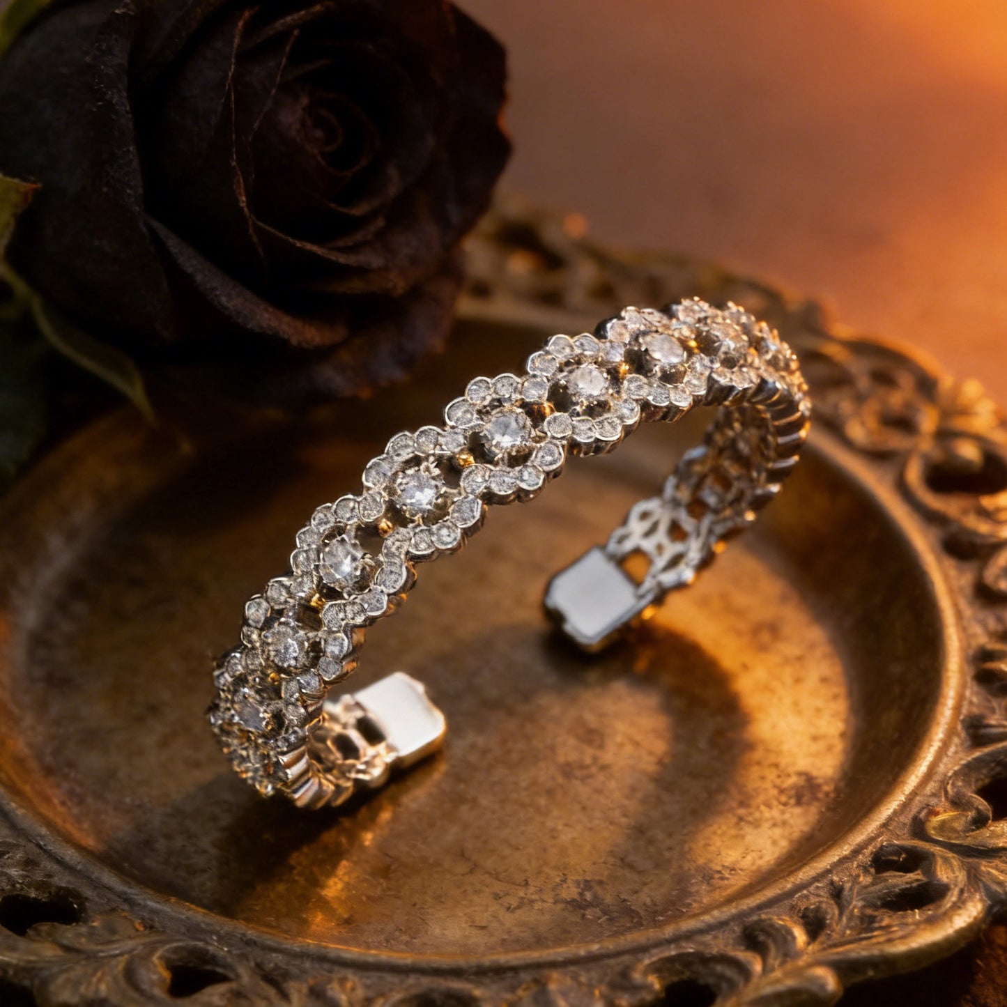 Luxury Full Diamond Open Cuff Bangle, Retro Hollow Out Design, Shiny Eye-catching Dinner Party Accessories, Fade Resistant