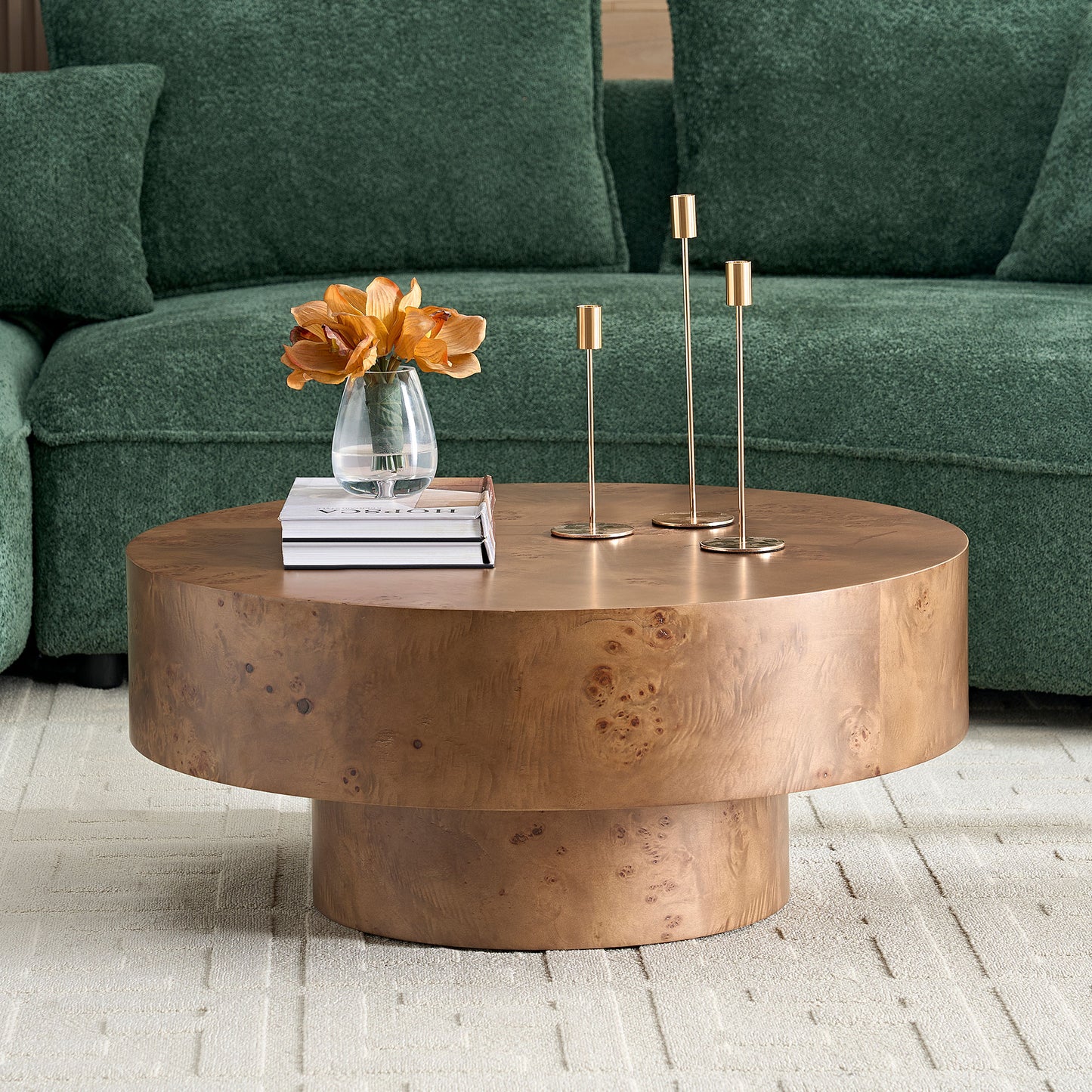 31.49   Burl Wood Veneer Coffee Table And Sturdy Pedestal For Living Room Office Apartment Walnut