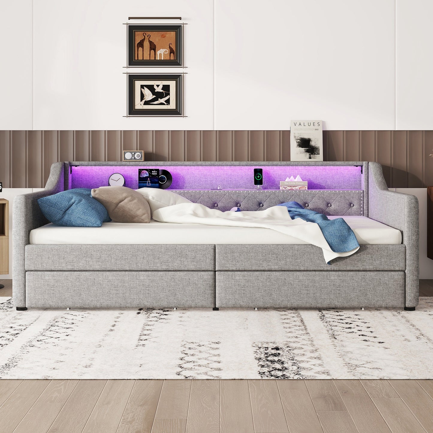 Daybed, 90 X 200cm, Sofa Bed, Daybed With Slatted Base  Without Mattress , Ambient Light With Remote Control, Bed With Two Drawers, USB Charging Socket, Linen, Grey